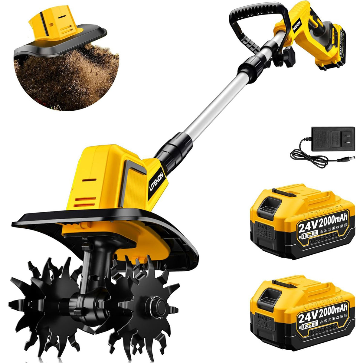 24V Cordless Tiller Cultivator, 540RPM with 2 x 2.0AH & 1.5A Fast Charger, High Power Electric Garden Tiller Battery Powered Rototiller with 10In Tilling Width & 7In Depth for Lawn,Gardening