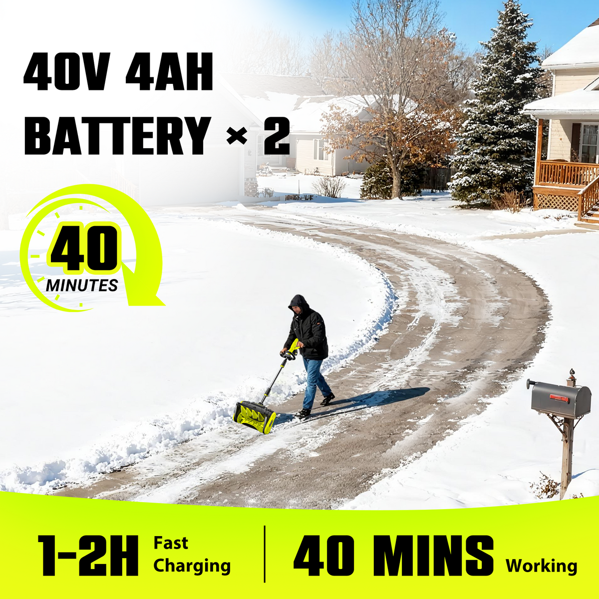 40V Brushless Cordless Snow Shovel, 13-Inch Electric Snow Blower with 2X 4.0Ah Batteries Snow Removal with 16.5FT Throw Distance for Patio, Deck, Driveway,Green