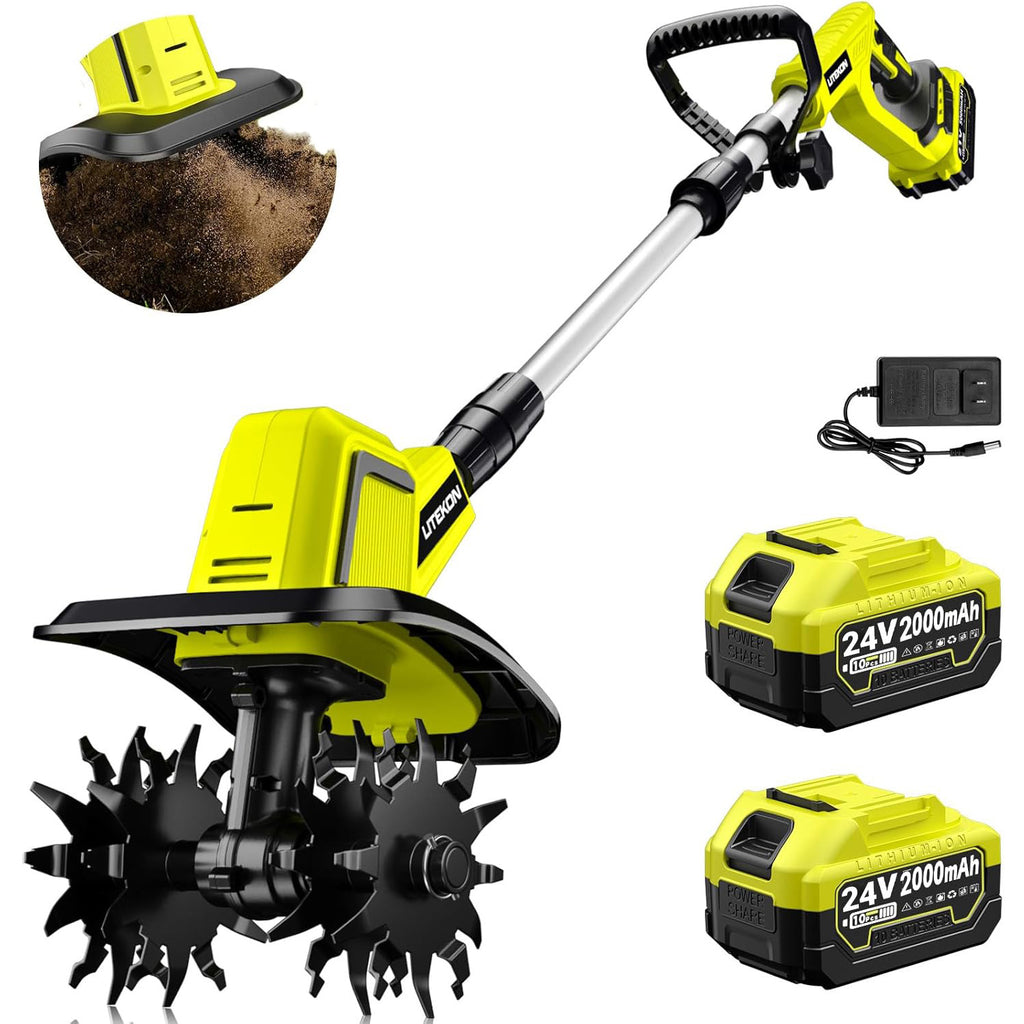 24V Cordless Tiller Cultivator, 540RPM with 2 x 2.0AH & 1.5A Fast Charger, High Power Electric Garden Tiller Battery Powered Rototiller with 10In Tilling Width & 7In Depth for Lawn,Gardening