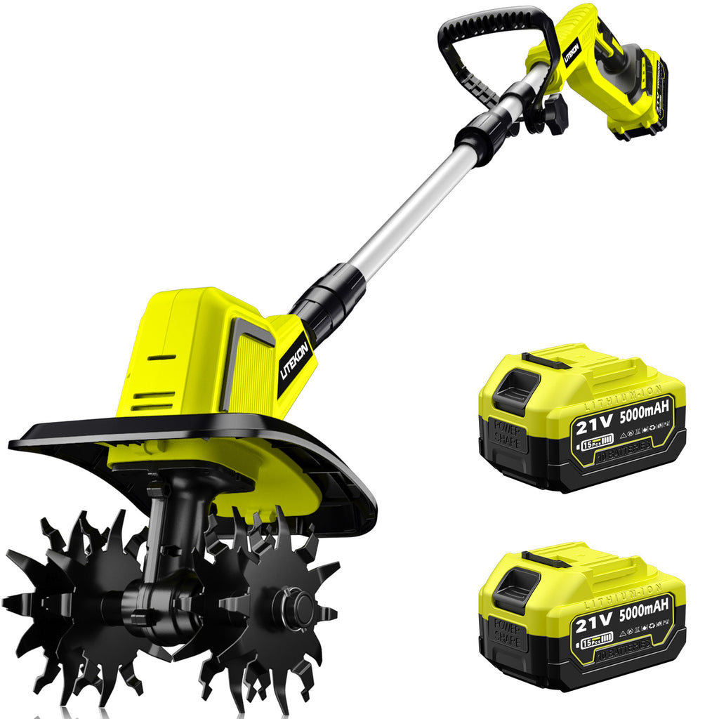24V Cordless Tiller Cultivator, 540RPM with 2 x 2.0AH & 1.5A Fast Charger, High Power Electric Garden Tiller Battery Powered Rototiller with 10In Tilling Width & 7In Depth for Lawn,Gardening
