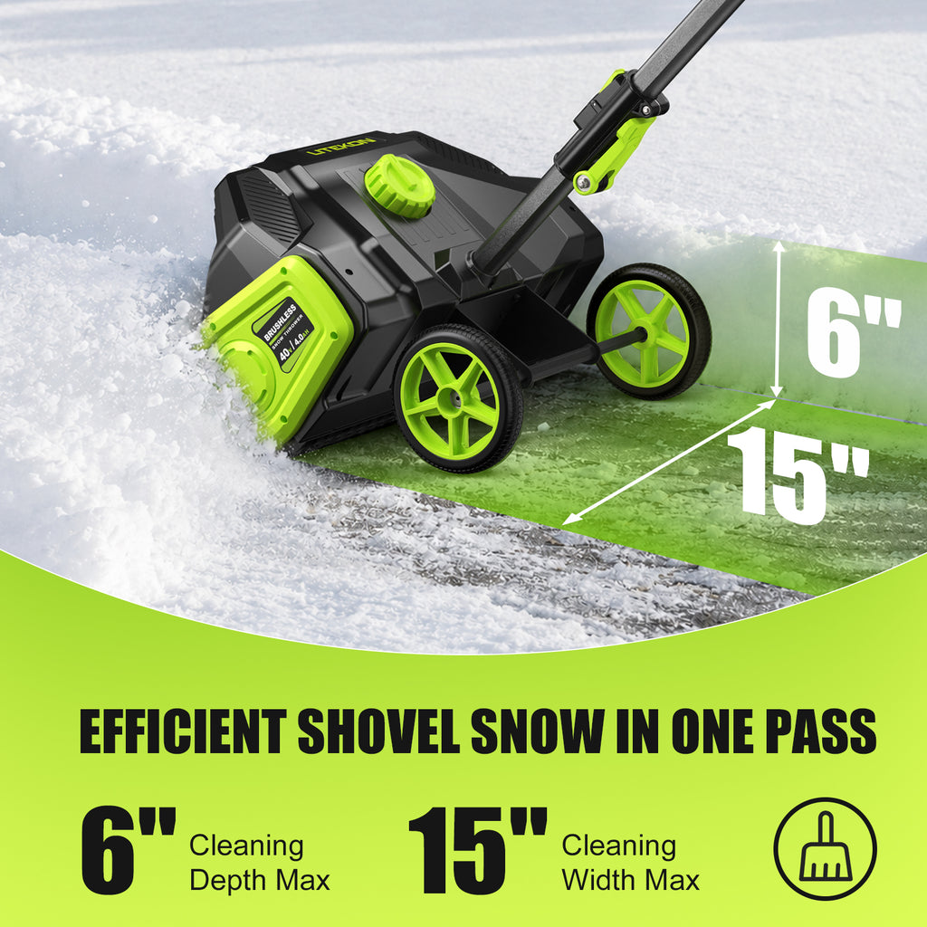 40V Brushless Cordless Snow Shovel, 15-Inch Electric Snow Blower with 2X 4.0Ah Batteries & Charger, Battery-Powered Snow Removal with 16.5FT Throw Distance for Patio, Deck, Driveway,Green