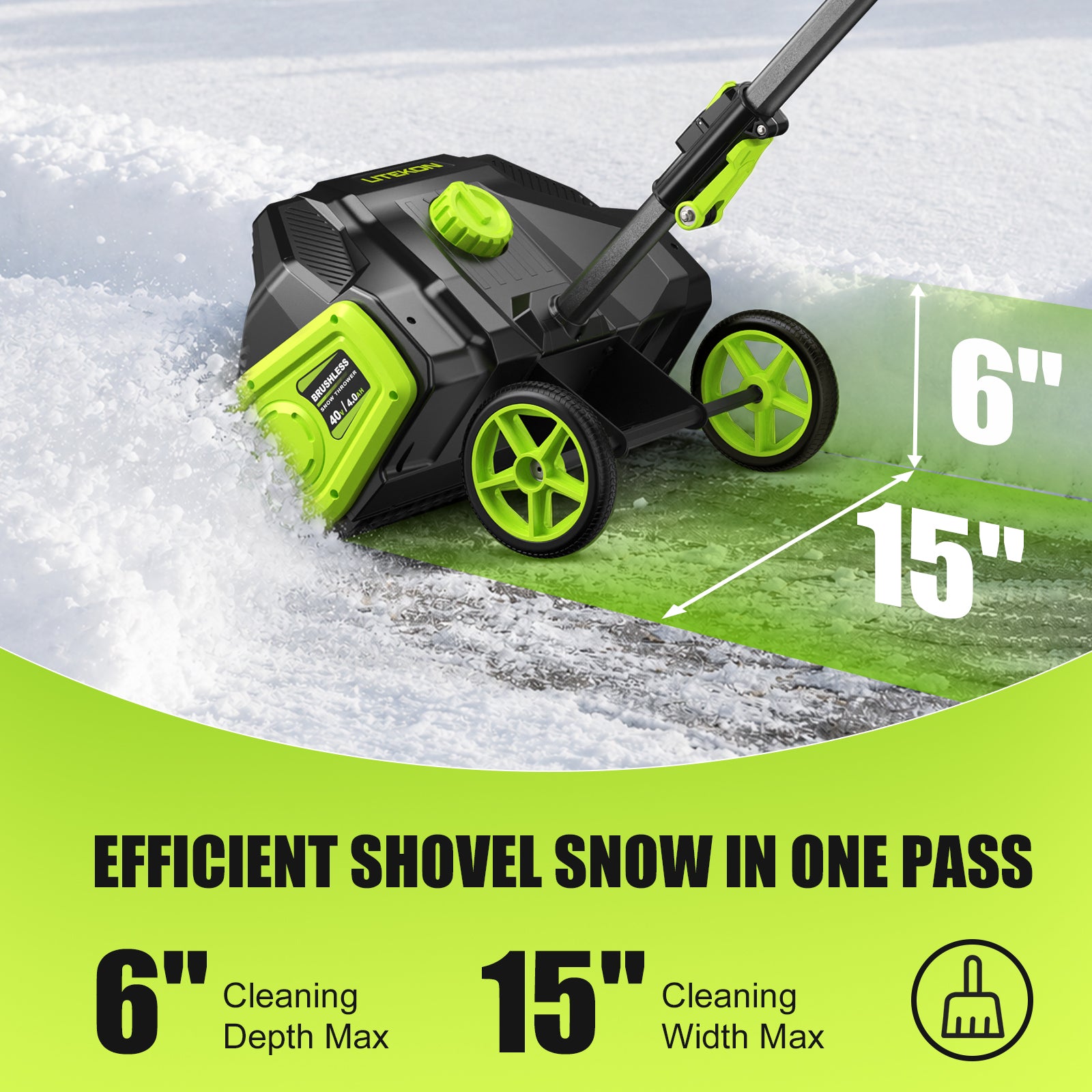 40V Brushless Cordless Snow Shovel, 15-Inch Electric Snow Blower with 2X 4.0Ah Batteries & Charger, Battery-Powered Snow Removal with 16.5FT Throw Distance for Patio, Deck, Driveway,Green