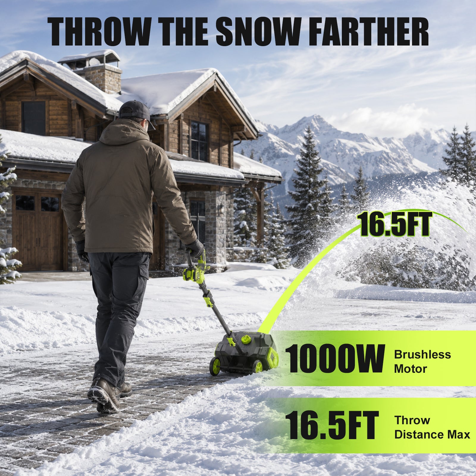 40V Brushless Cordless Snow Shovel, 15-Inch Electric Snow Blower with 2X 4.0Ah Batteries & Charger, Battery-Powered Snow Removal with 16.5FT Throw Distance for Patio, Deck, Driveway,Green