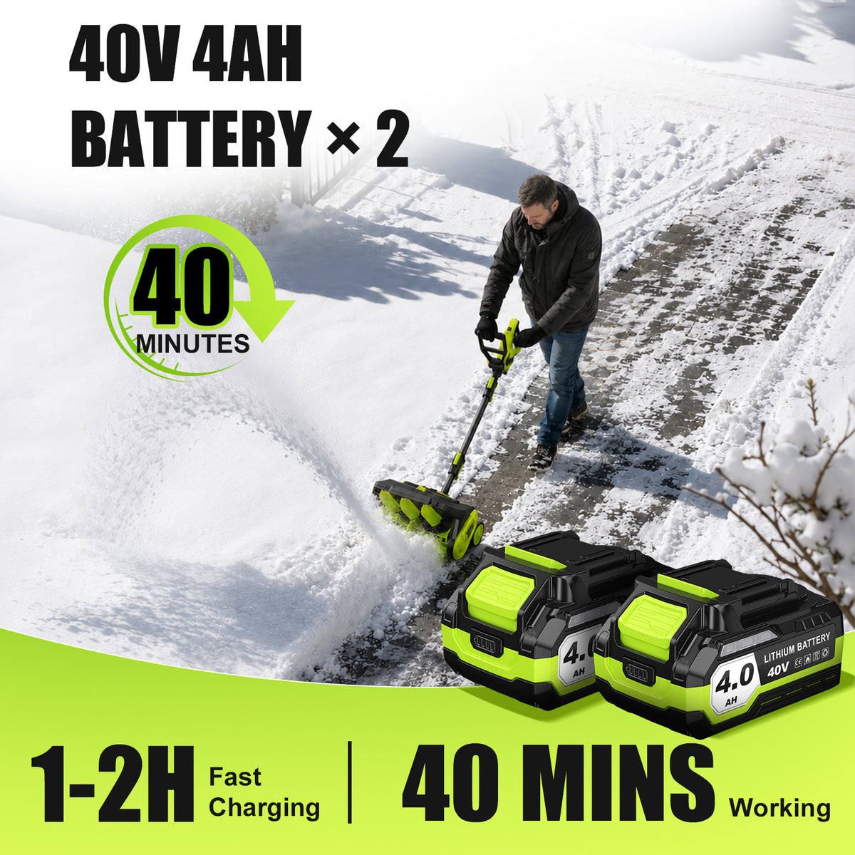 40V Brushless Cordless Snow Shovel, 15-Inch Electric Snow Blower with 2X 4.0Ah Batteries & Charger, Battery-Powered Snow Removal with 16.5FT Throw Distance for Patio, Deck, Driveway,Green