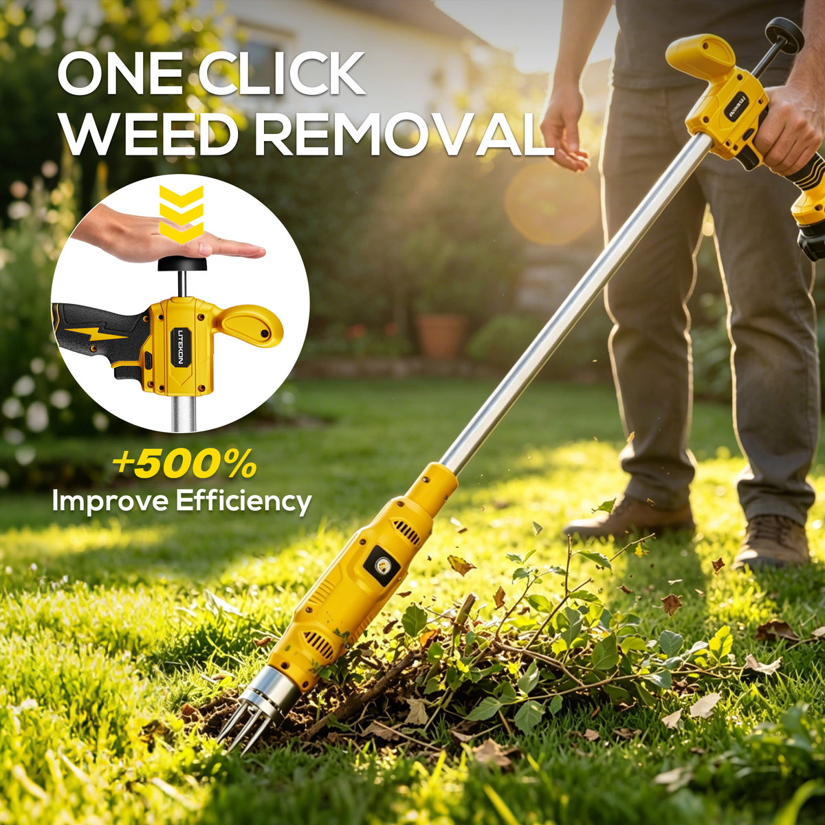Electric Cordless Weed Puller Tool, 20V Battery Powered Stand Up Weeder with 2.0Ah Battery & Fast Charger, Puller Tool with Long Handle, Crabgrass Piller& Dandelion Remover for Garden, Yellow