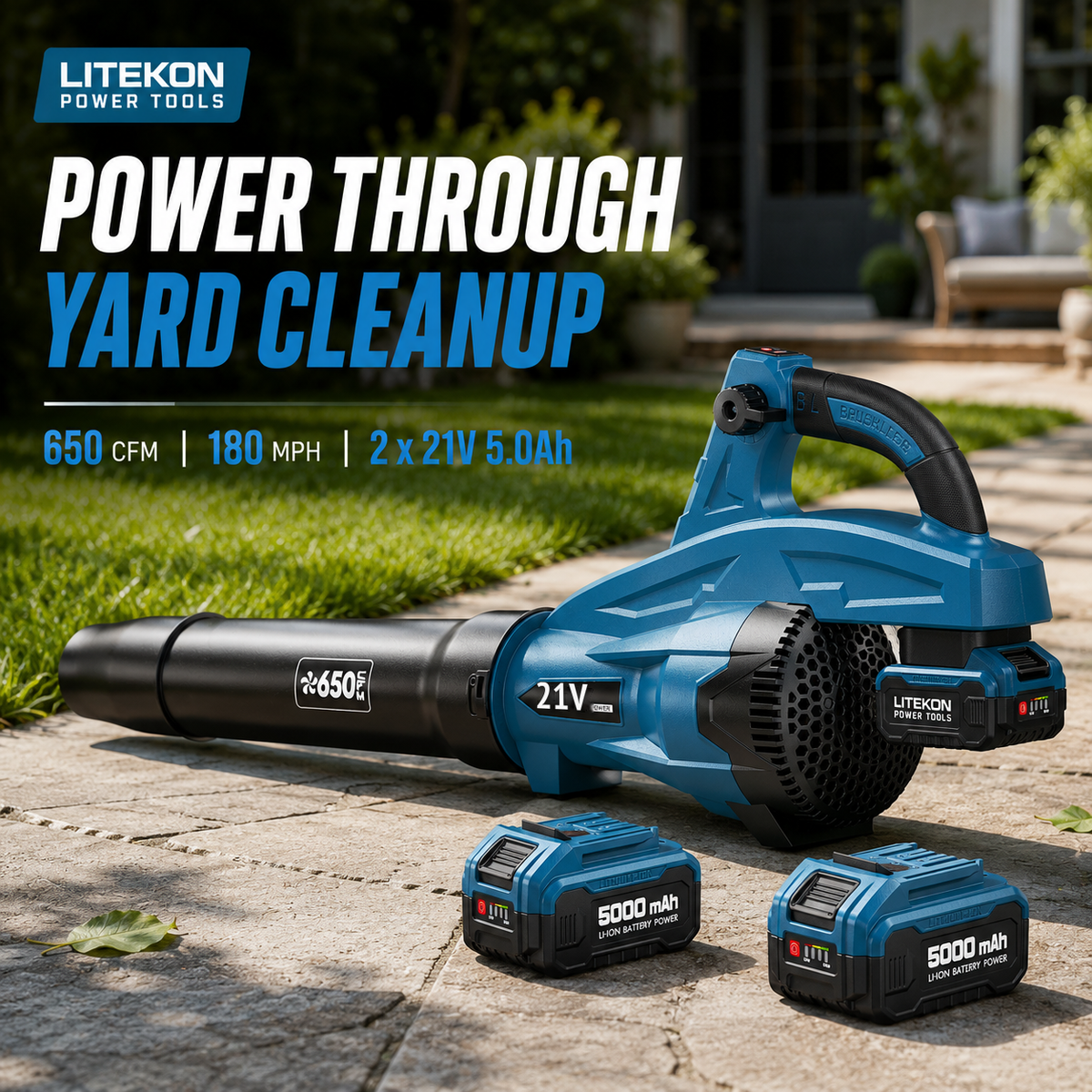 Leaf Blower Cordless, 650CFM & 13 Speed Modes, Brushless Electric Cordless Leaf Blowers with 2 x 5.0Ah Batteries and Charger, 21V Powerful Blowers for Lawn Care, Blowing Leaves, Dust, Blue