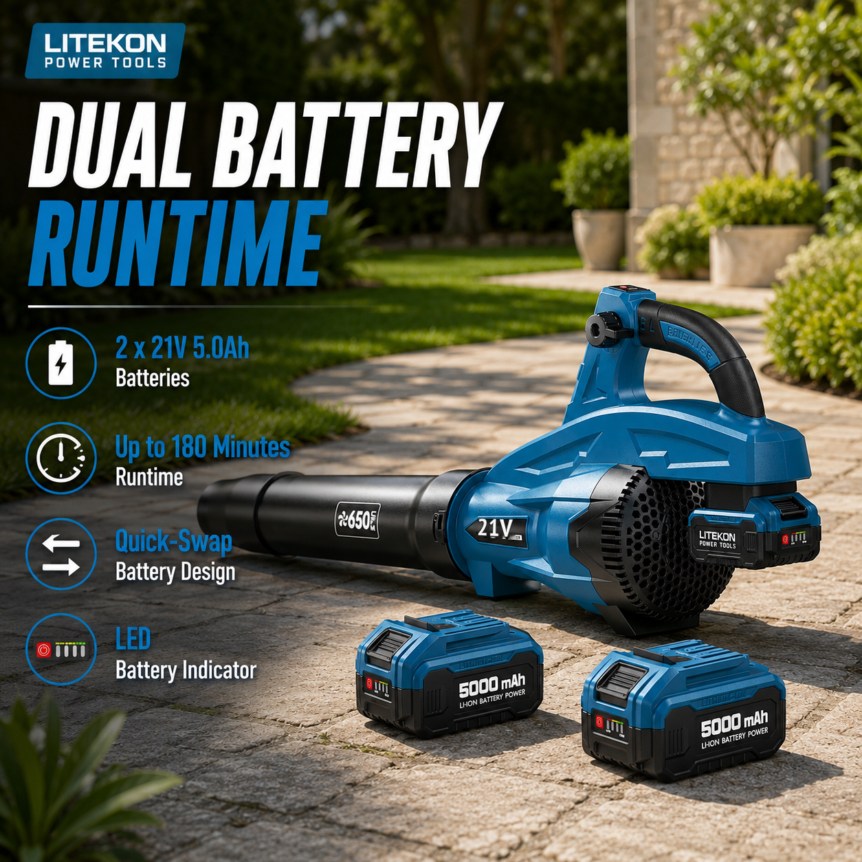Leaf Blower Cordless, 650CFM & 13 Speed Modes, Brushless Electric Cordless Leaf Blowers with 2 x 5.0Ah Batteries and Charger, 21V Powerful Blowers for Lawn Care, Blowing Leaves, Dust, Blue
