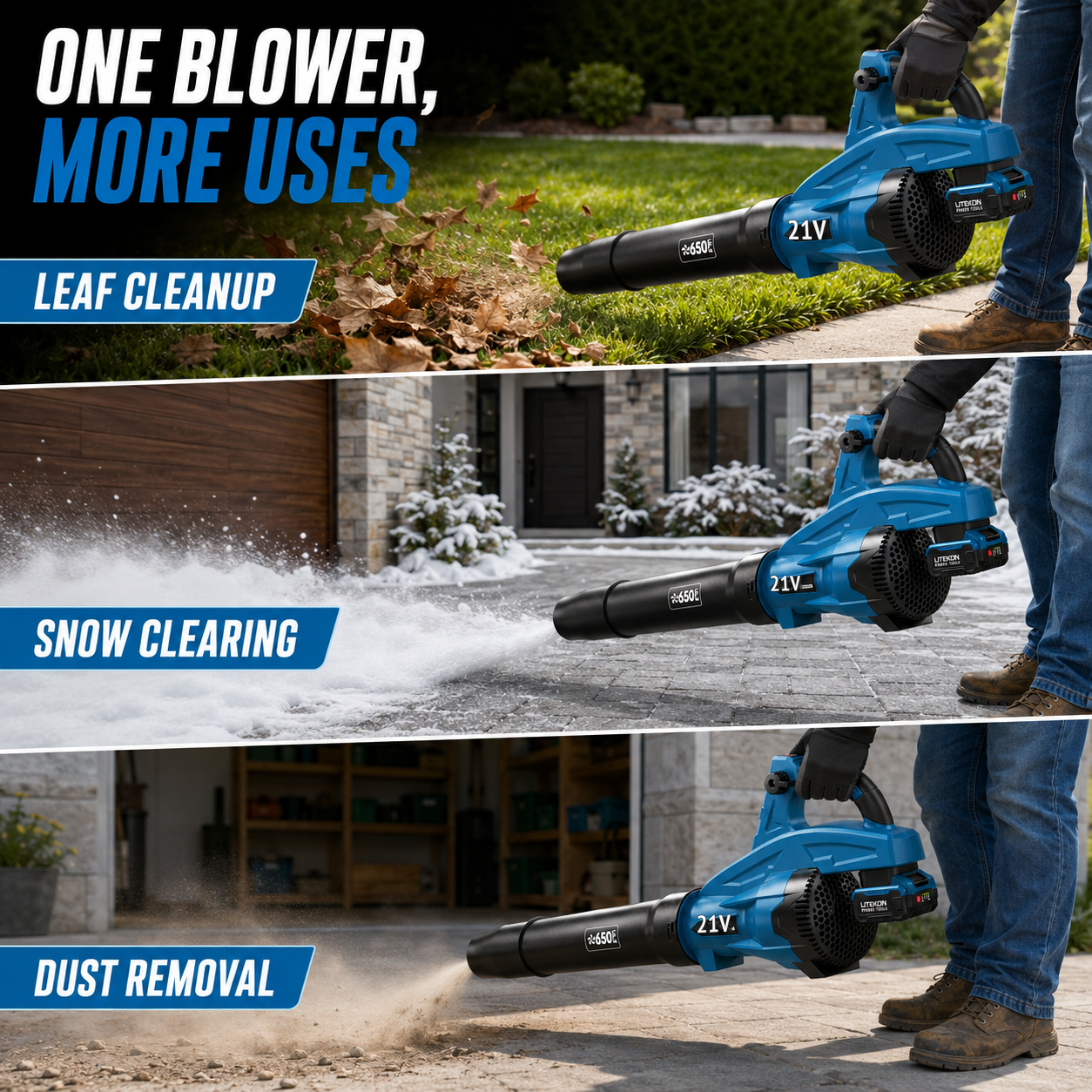 Leaf Blower Cordless, 650CFM & 13 Speed Modes, Brushless Electric Cordless Leaf Blowers with 2 x 5.0Ah Batteries and Charger, 21V Powerful Blowers for Lawn Care, Blowing Leaves, Dust, Blue